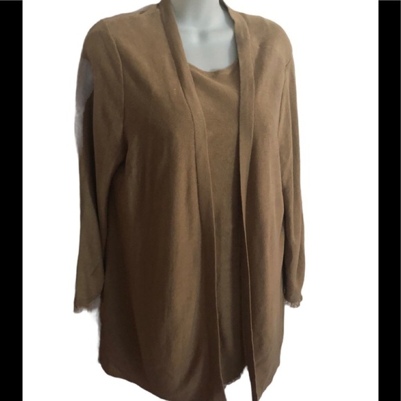 J.Jill Tan Tank/Cardigan Linen Blend 2PC Set W/ Fringe M Trendy - Picture 2 of 7